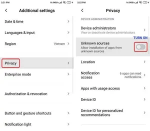 Navigate to Security or Privacy and Find Unknown Sources